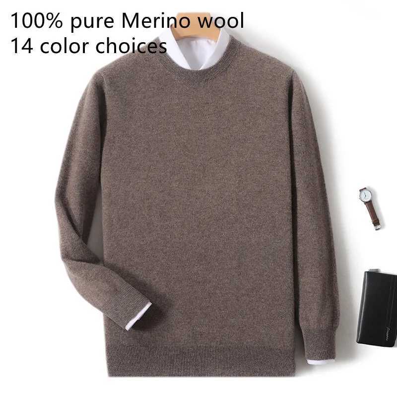 2025 100 Pure Merino Wool Mens Round Neck Pullover Solid Color Plus Size Casual Sweater Autumn And Winter Sports Cashmere TopZ250918