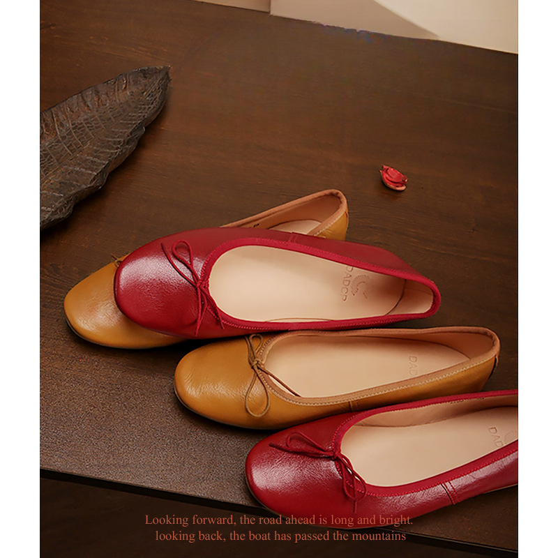 Ddmysheep Red ballet shoes, vintage handmade genuine leather, small red shoes, flat bottomed shallow mouth leather shoes, 2024 new butterfly bow single shoes