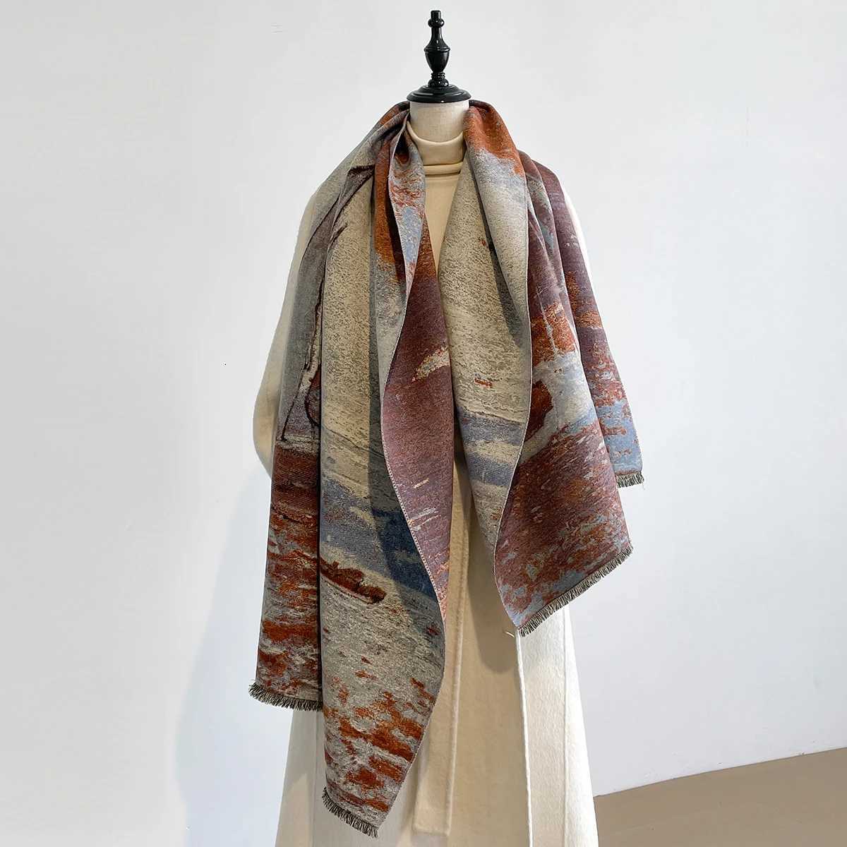 Luxury Winter Cashmere Scarf Wen Design Warm Blanket Poncho Scarves Fem Oil painting Shl Thick Foard Bufanda Y250918