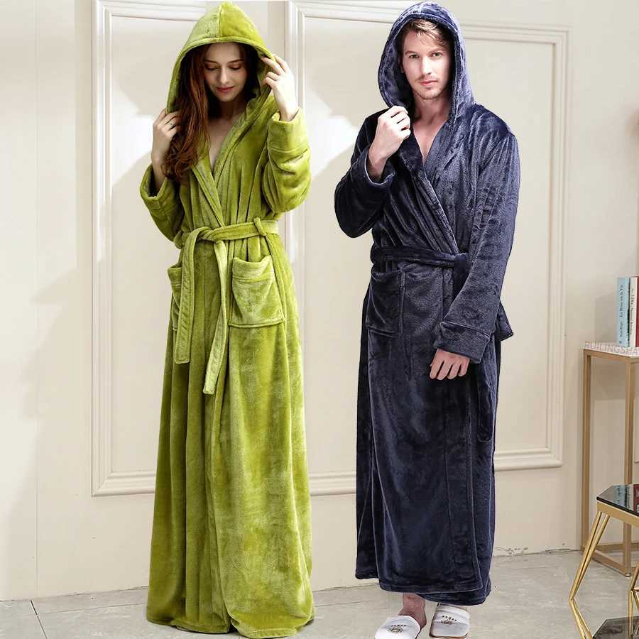 Women Winter Plus Size Super Long Warm Flannel Bathrobe Hooded Thick Coral Fleece Bath Robe Dressing Gown Men Sleepwear Robes G250918