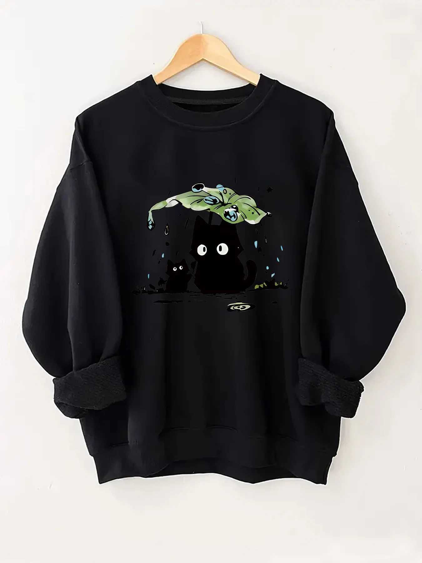 Two Cats with Lotus Leaves To Block Rain Print Women Hoodie for Autumn and Winter 2025 Round Neck Long Sleeved Womens ClothingZ250918