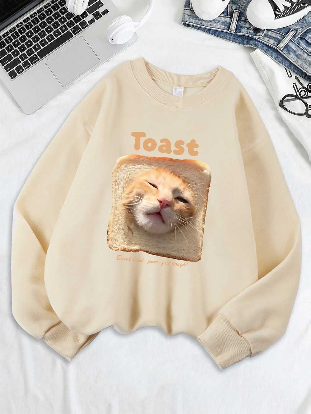 Toast Cat Funny Printing Sweatshirts Womens Winter Hoodie Casual Crewneck Pullover Warm Comfortable Women ClothesZ250918