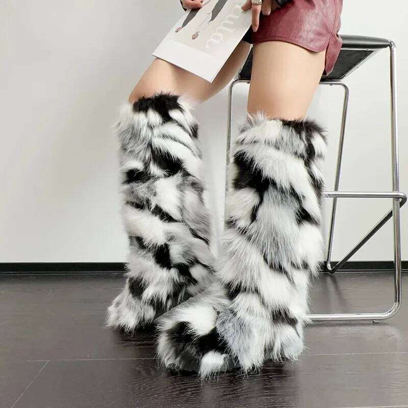 Womens Knee High Fuzzy Faux Fur Soft, Warm, and Comfortable Slip-on Design Furry Boots for Fall Winter