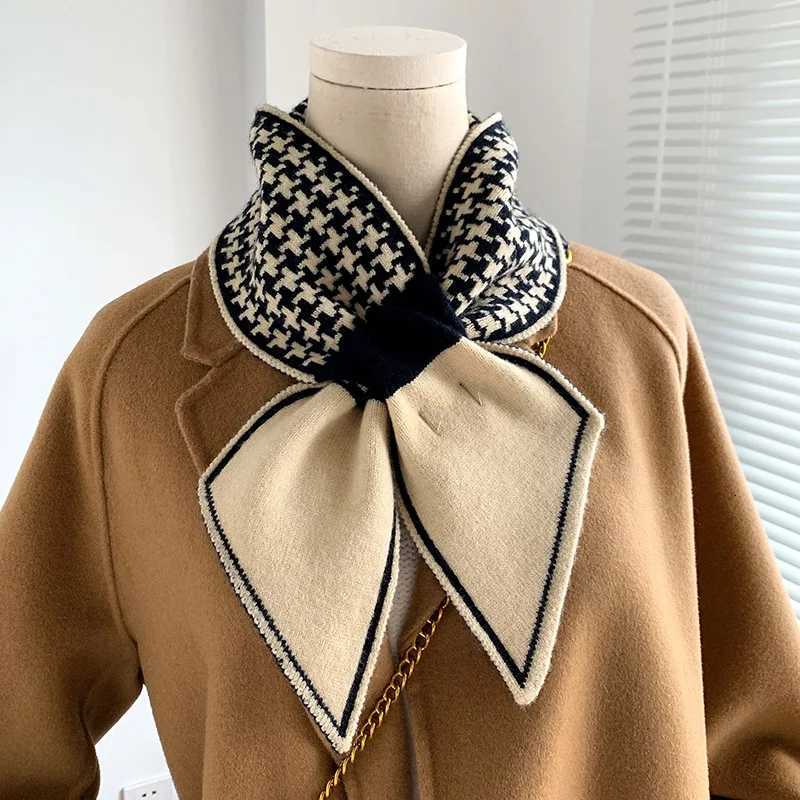 Houndstooth Plaid Luxury Brand Knitted Scarf 2023 New Scarf Wen Winter Scarf Long Skinny Small Scarf Fem Neckerchief Scarf Y250918