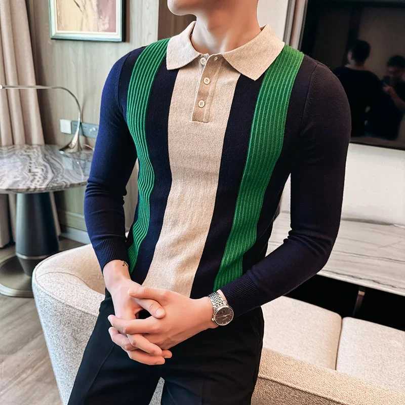 Autumn Winter Mens Knitted Polo Shirts Luxury Long Sleeve Stripe Business Casual Zipper Tshirts Fashion Slim Fit Man SweaterZ250918