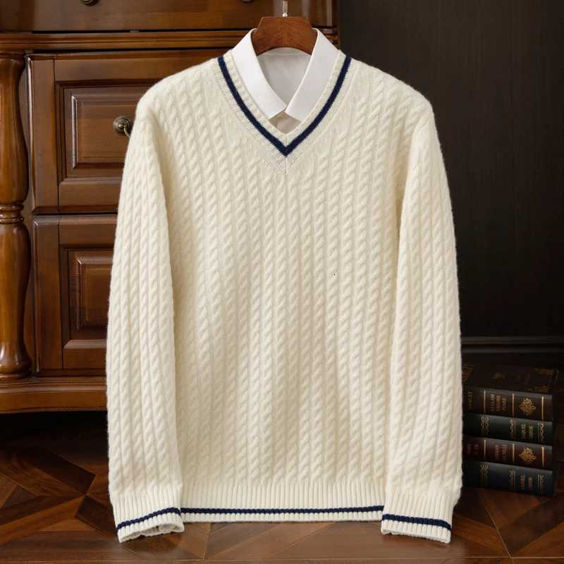 SXXXL New mens 100 wool Vneck color blocked sweater for autumn and winter casual knitted pullover full sleeve mens sweaterZ250918