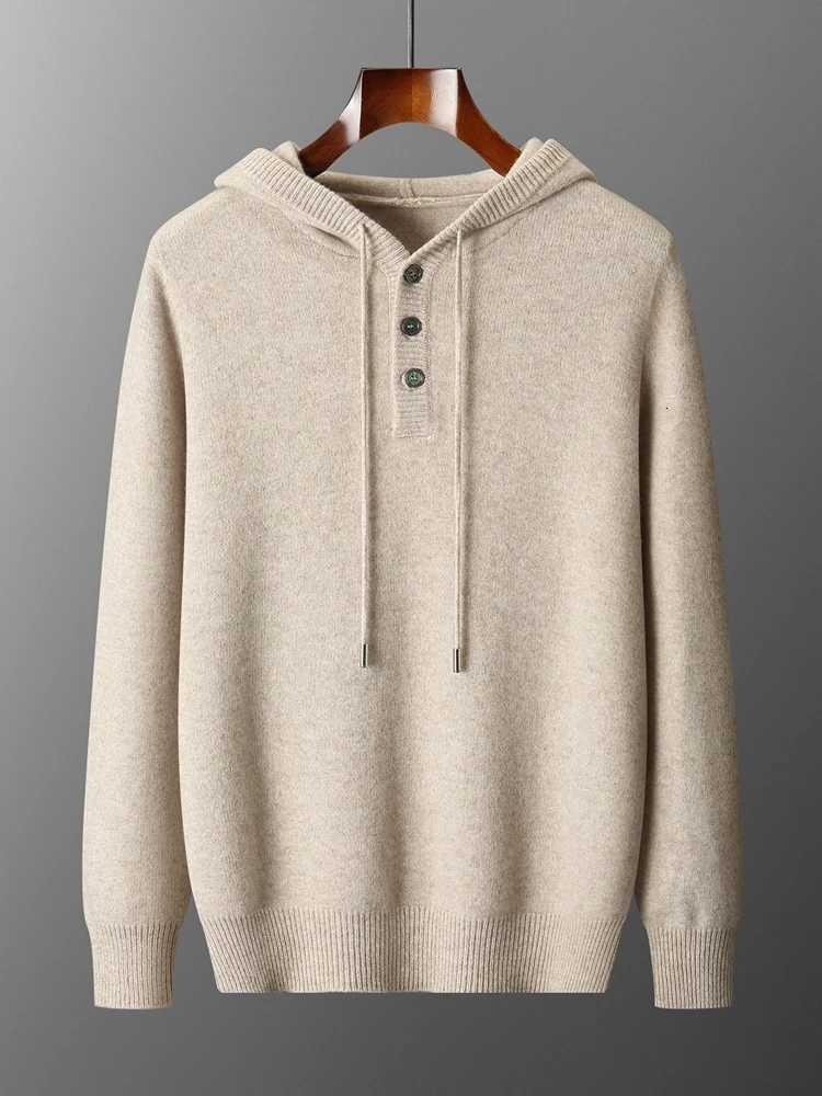 100 Merino Wool Sweater Men Hooded Pullover Autumn Winter 3 Buttons Classic Casual Knitwear Drawstring Solid Thick Clothing TopZ250918