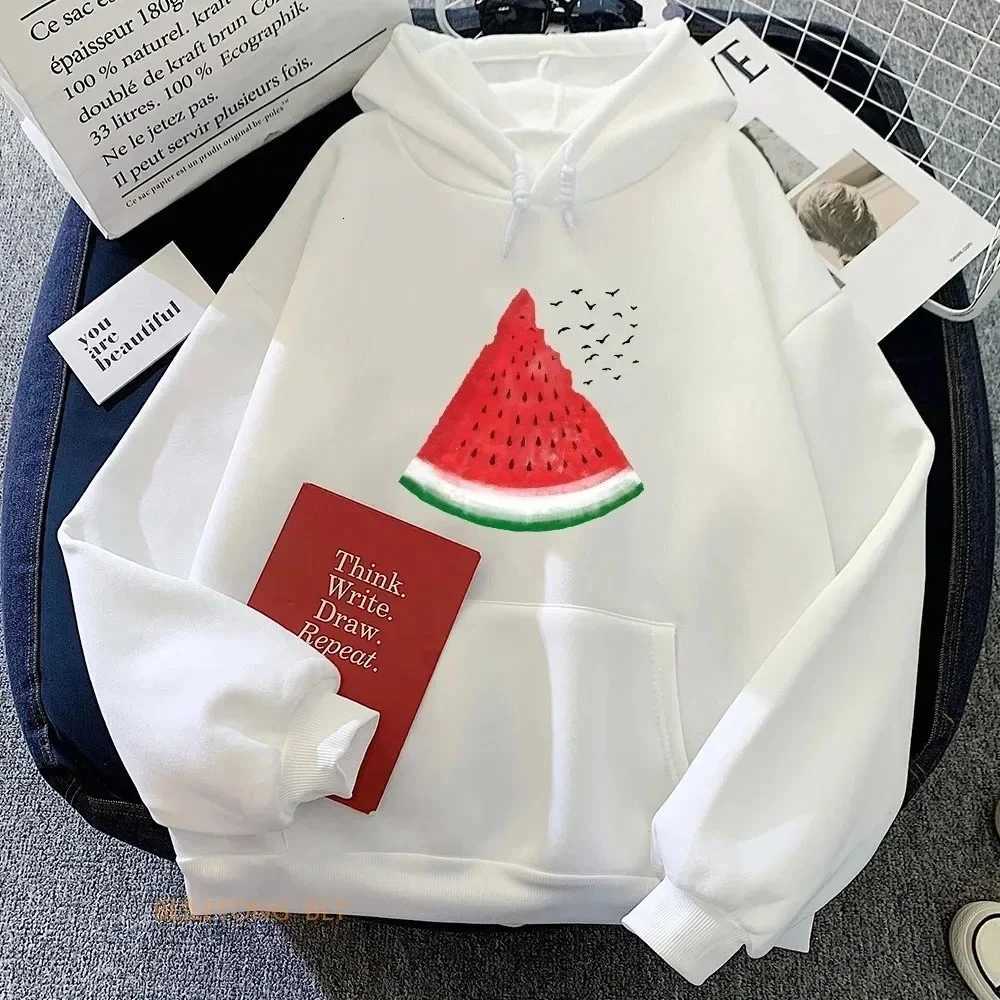2025 Autumn and Winter Womens Watermelon Pattern Printed Sweatshirt Round Neck Long Sleeved Casual Hooded Womens ClothingZ250918