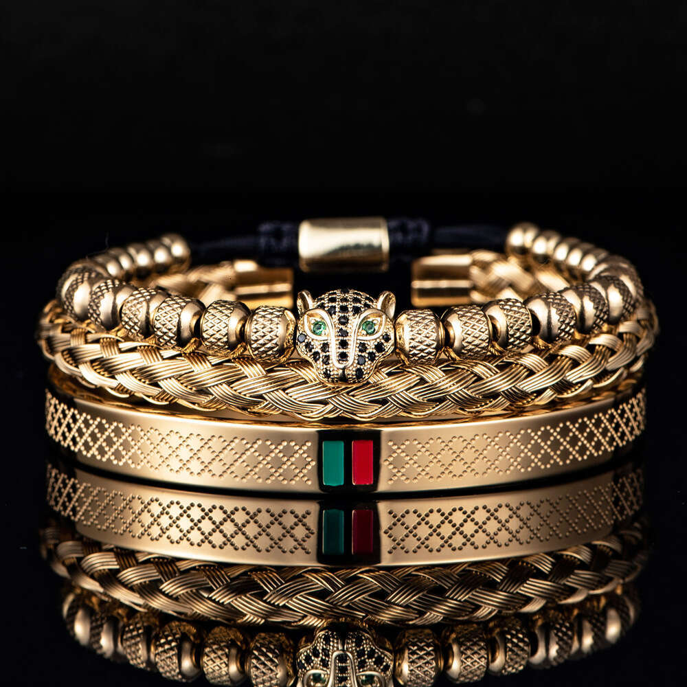 Micro Inlaid Leopard Head Bracelet Set Stainless Steel Red Green Striped Bangle
