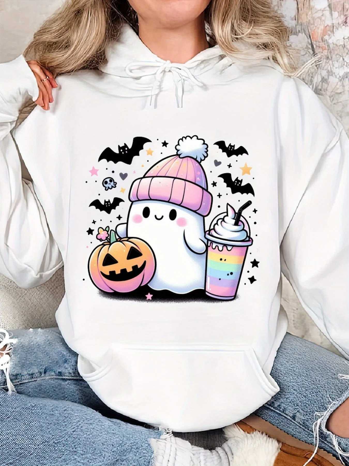 Womens Hooded Sweatshirt with Halloween Pattern Printed Casual Sportswear and Drawstring Long Sleeved Autumn Winter ClothingZ250918