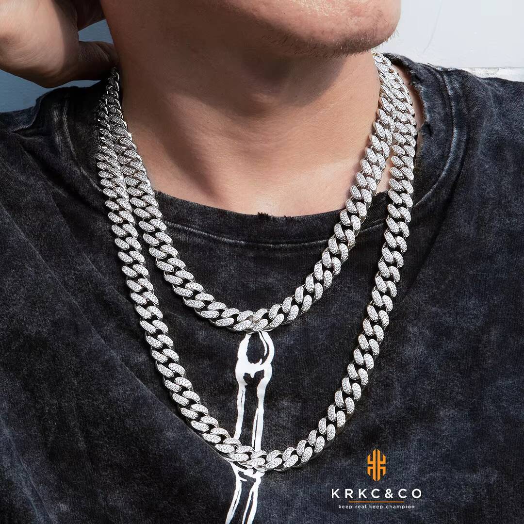 KRKC 12mm Hip Hop Men Iced Out Moissanite Chain Set White 14k Gold Cuban Bracelet Moissanite Diamond Real Cuban Link Chain Necklace