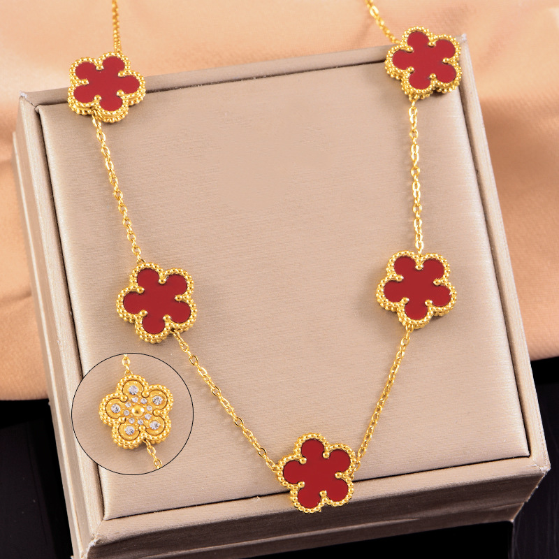 Fashionable double-sided five leaf flower lucky necklace with diamonds, versatile color shell pendant, collarbone chain, women's gift