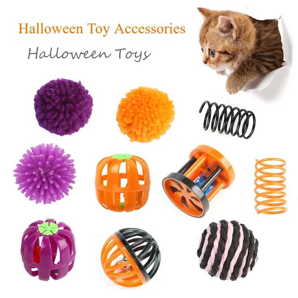 Halloween Pet Cat Toy Accessories Wool Flower Drum Bell Pumpkin Ball Spring Cat Interactive Toy X250918