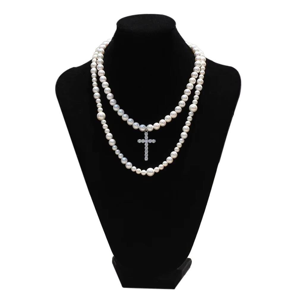 Top Fashion Hiphop Double Layer Pearl Necklace With Cross Pendant for Men