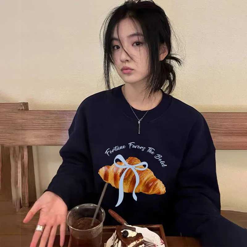 American Croissant Print Plush Sweatshirt Women Autumn 2025 New Oversize Long sleeves Hoodie Pullover Y2K Tops Ladies clothingZ250918