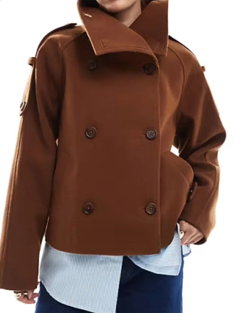 Casual Turtleneck Womens Woolen Coats Stand Collar Double Breasted Long Sleeve Pockets Jackets 2025 Autumn Winter Lady Outwear 250918