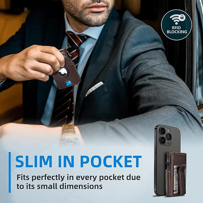 YAT Mens Genuine Pickup Bag RFID Anti Theft Brush Magnetic Tape Airtag Positioning Slot Automatic Pop up Metal Wallet 250918