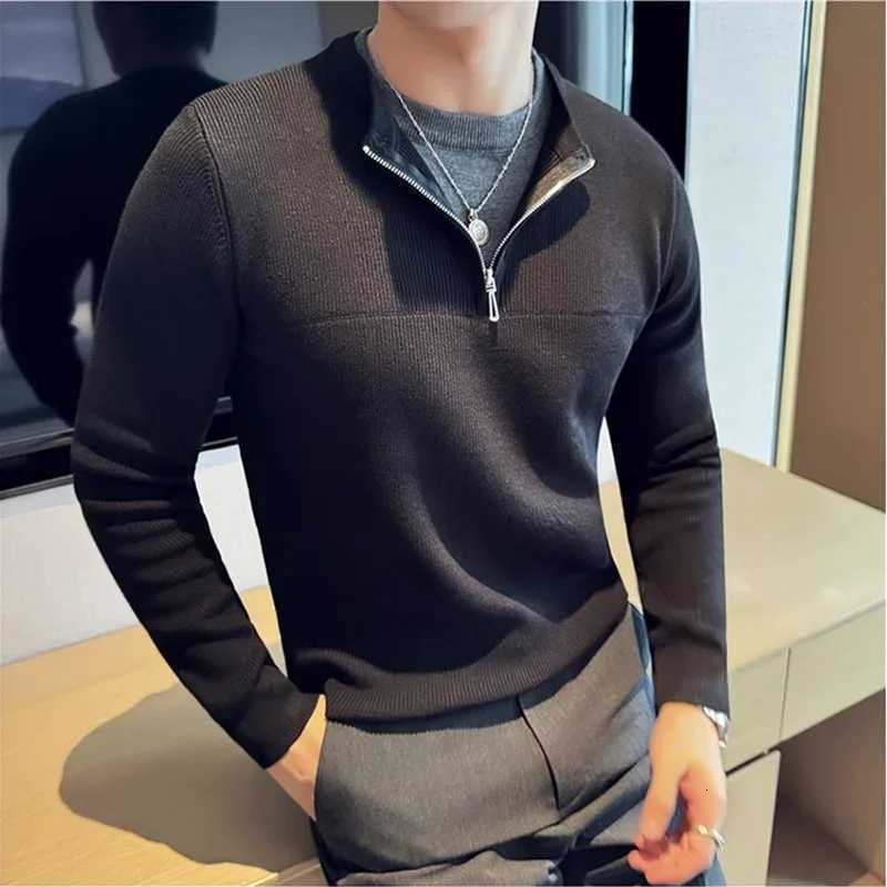 2024 Autumn Winter Fake 2 Piece Sweater Fashion Half Zipper Splice Long Sleeved Slim Fit Warm Sweaters Men Knitted PulloverZ250918