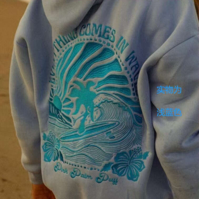 Professional Embroidery Cross-Border European Size Drop Shoulder Sleeve Ribbed Coconut Wave Pattern Hoodie Sweatshirt Jacket