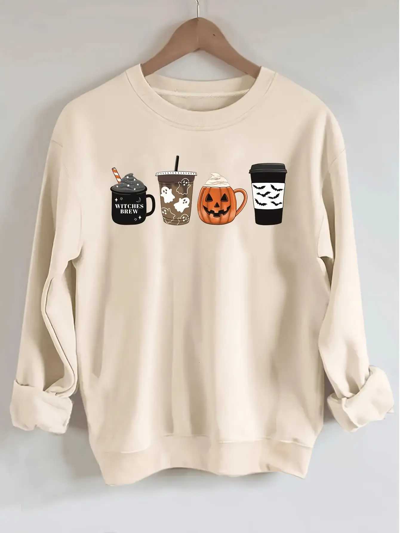Autumn Womans Halloween Sweatshirts Coffee Lover Printing Hoodies Fleece Comfortable Crewneck Pullover Fashion Female ClothesZ250918