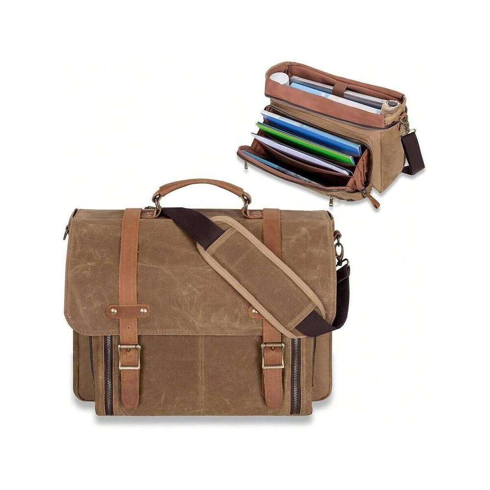 Mens Messenger Accordion File Folder, Leather Waxed Canvas Briefcase Fits 17 Inch Laptop, Crossbody Work Satchel Bag With Strap For School, Business, 