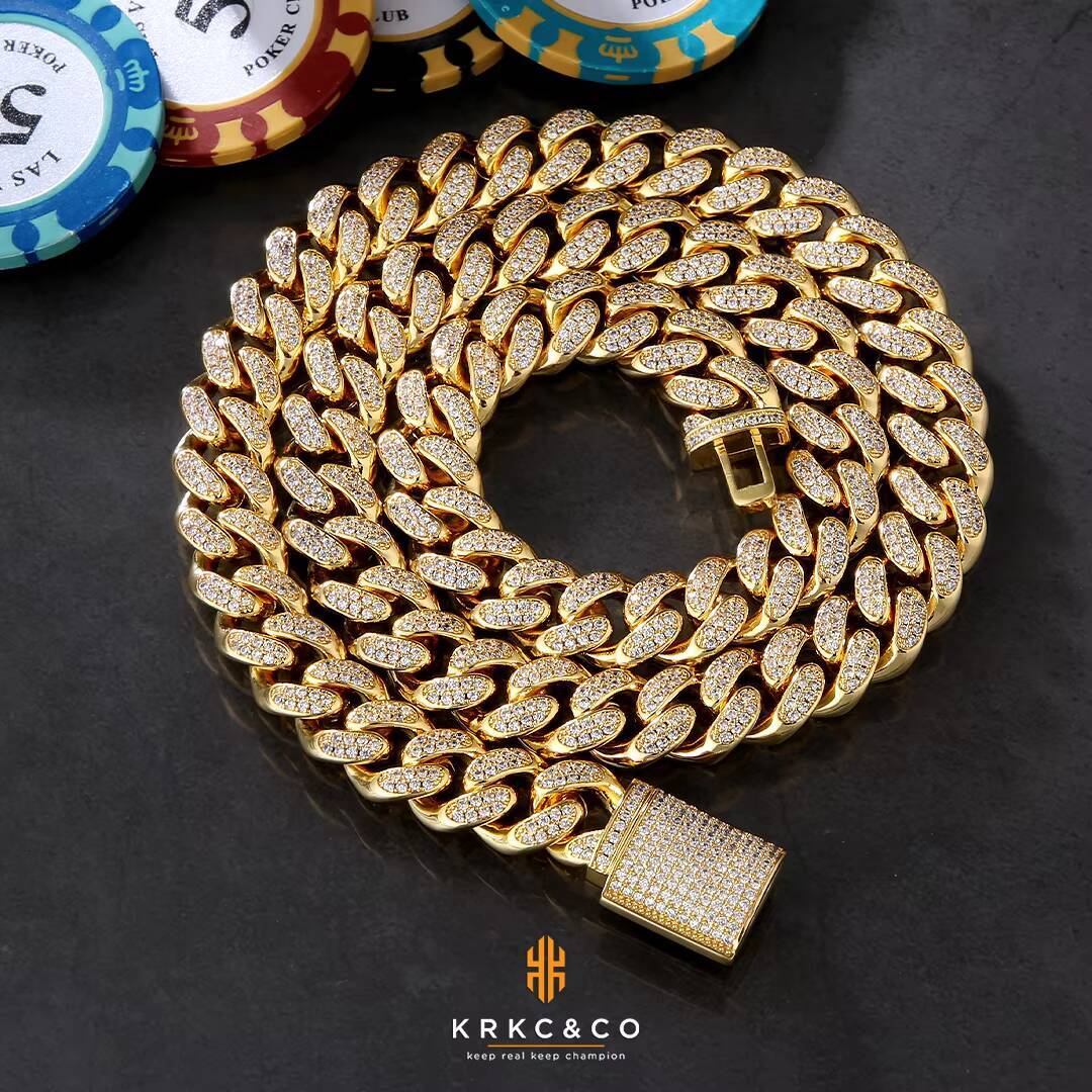 KRKC Hip Hop 12mm 18k Gold Box Clasp Miami Cuban Link Chain Iced Out Bling Moissanite Cubic Diamond Link Chain Cuban Necklace for Men