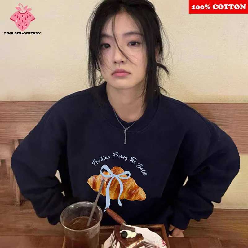 American Croissant Print Plush Sweatshirt Women Autumn 2025 New Oversize Long sleeves Hoodie Pullover Y2K Tops Ladies clothingZ250918