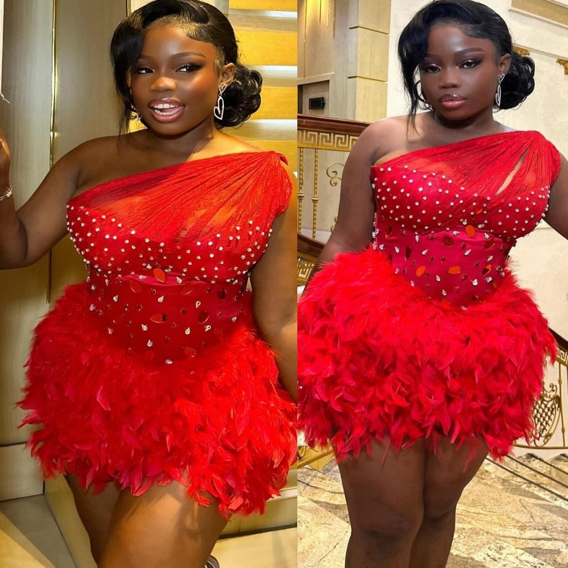 Chic Red Sheath Cocktail Dress One Shoulder Beaded Cystals Feather Short Mini Graduation Homecoming Dresses For Special Occasions Sweetheart Gowns