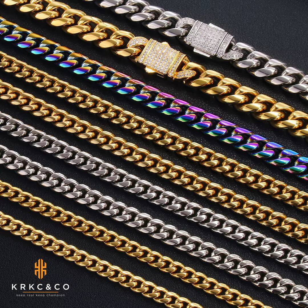 KRKC Wholesale Hip Hop Jewelry 14k 18k Gold Plated Curb Necklace Gold Filled Miami Stainless Steel Cuban Link Chain for Men