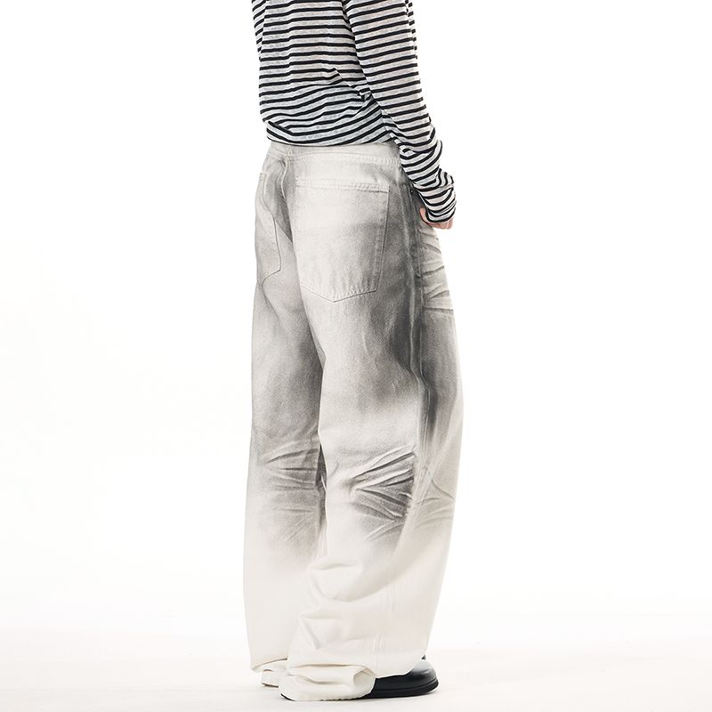 Men's Jeans Retro Niche Jeans - Natural Mud Dyed, Faded Distressed with Creases, Straight Wide - Leg Splatter Painted Dirty Pants