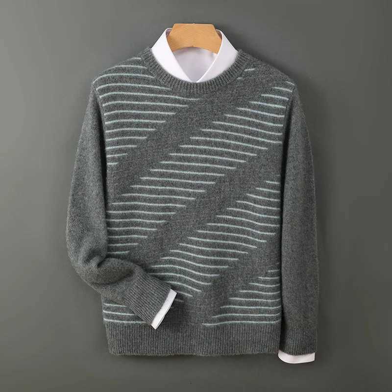 100 Merino Wool Sweater Mens Oneck Jacquard Stripe Pullover Autumn Winter Smart Casual Long Sleeve Jumper Cashmere Thick TopZ250918