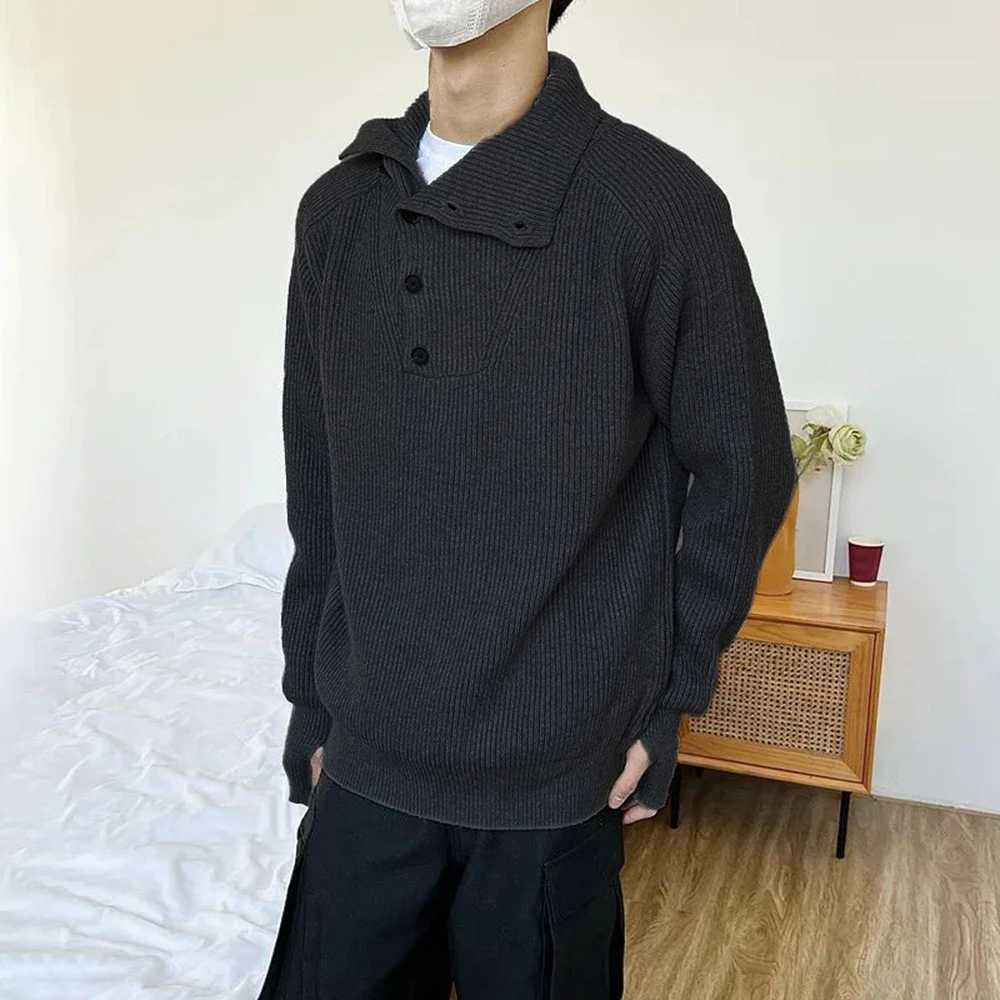 Mens Casual Solid Color Loose Turtleneck Knitted Sweater Genderless Autumn Winter Button Decoration Retro Knitted Sweater UnisexZ250918