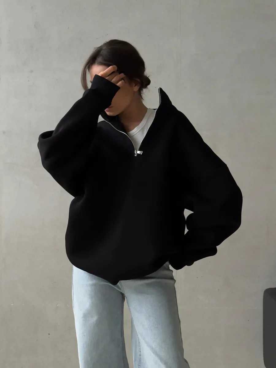 American Retro Half Zipper Alphabet Patch Long Sleeve Hoodie for Womens Outdressing Fashion Trendy Brand Top Womens ClothingZ250918