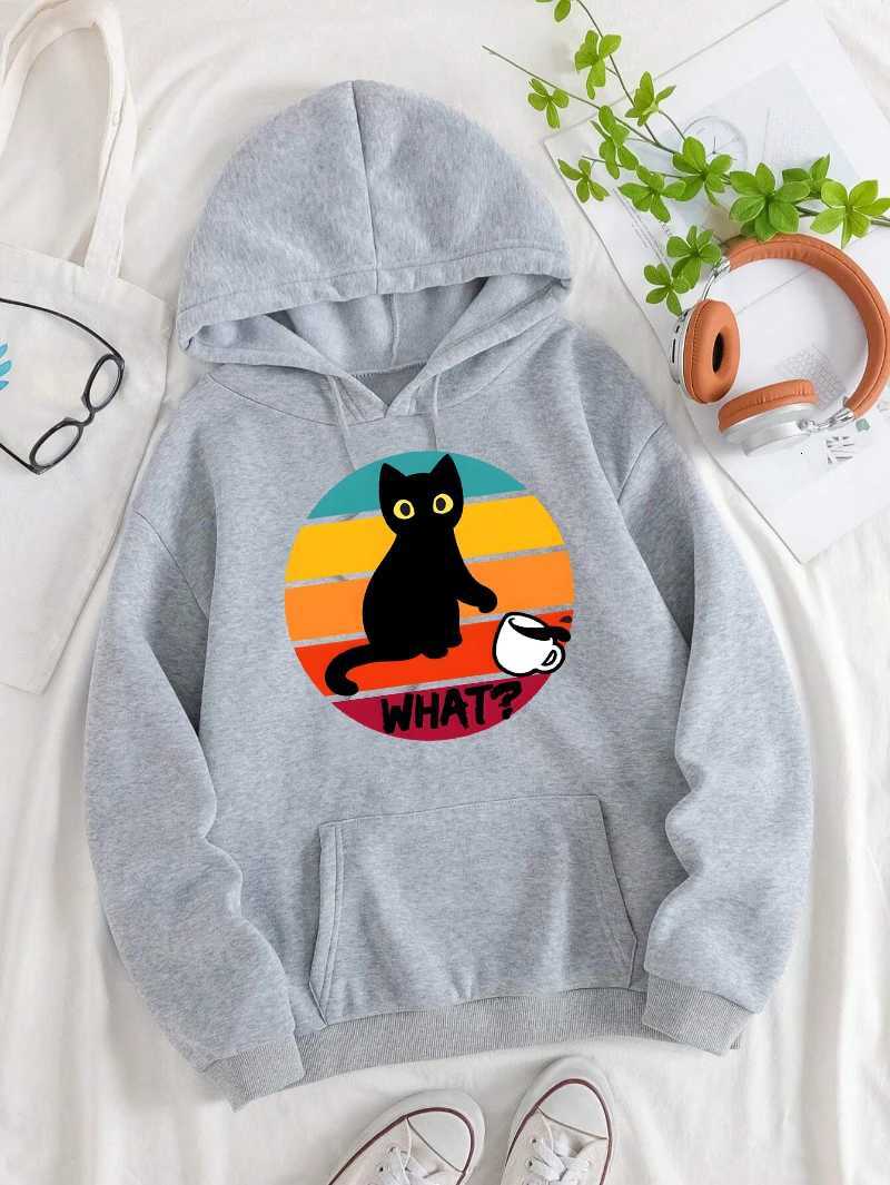 The Black Cat Playing Coffee Design Women Hoody Harajuku Street Hoodies Casual Fleece Hoodie Loose Multicolor Woman PulloverZ250918