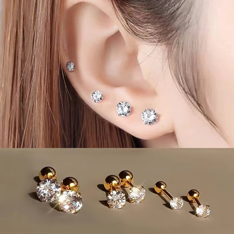 1 pair5 pairs Set Stainless Steel Round Ball Golden Silvery Cubic Zirconia Ball Screw Back Stud Earrings Set for Men Women 250917
