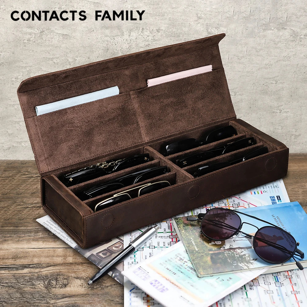 Retro Genuine Leather 23468 Grids Eyeglasses Storage Box Sunglasses Glasses Display Case Family Travel Organizer 250918