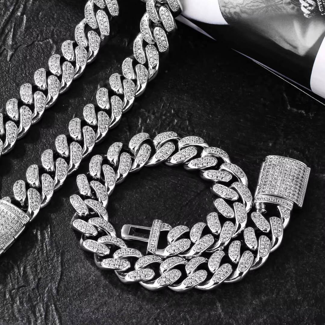 KRKC Hip Hop 12mm 18k Gold Box Clasp Miami Cuban Link Chain Iced Out Bling Moissanite Cubic Diamond Link Chain Cuban Necklace for Men