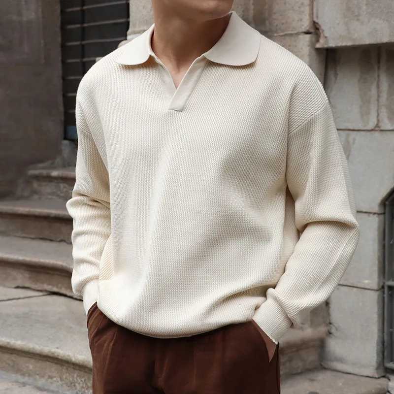 Fashion Solid Color Men Polo Kint Shirt Autumn Long Sleeve Turndown Vneck Sweater Casual Jumper Tops Mens Knitwear ClotheZ250918
