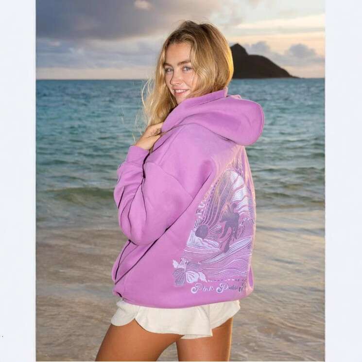 2025 New Version European Size Women's Drop Shoulder Sleeve Ribbed Hoodie Printed