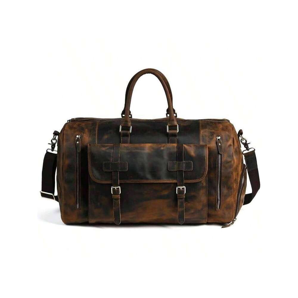 Resistant Canvas+ Leather Travel Lage Tote Duffle Gym Suitcase Weekender Overnight Bag Men Male FB8151 A - Brown