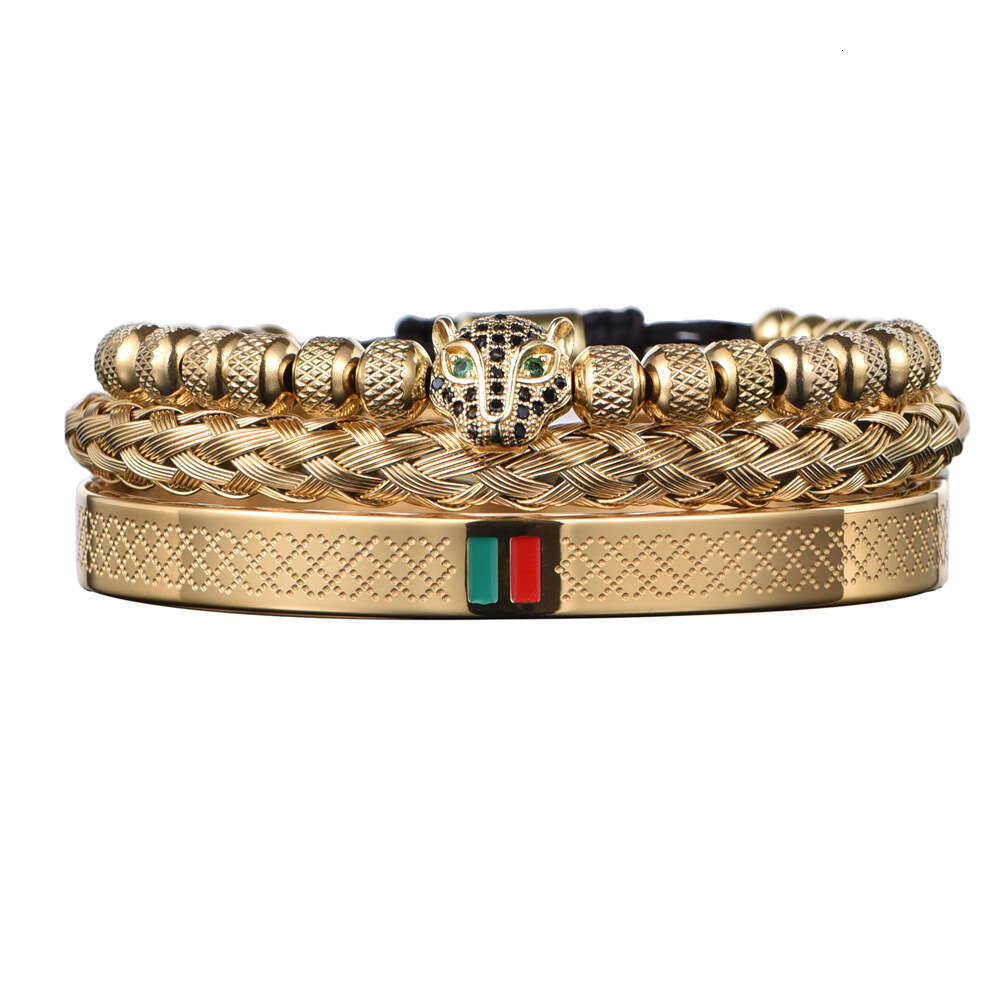 Micro Inlaid Leopard Head Bracelet Set Stainless Steel Red Green Striped Bangle