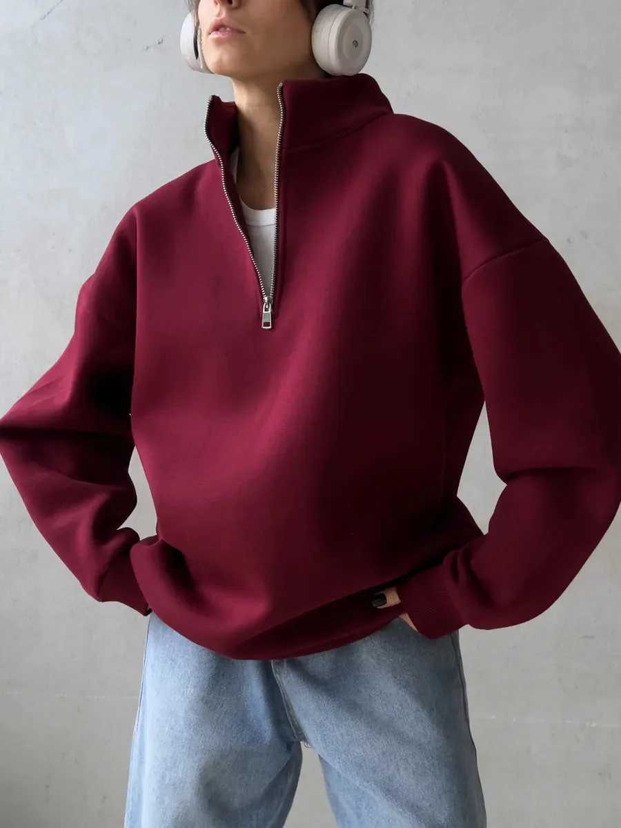 American Retro Half Zipper Alphabet Patch Long Sleeve Hoodie for Womens Outdressing Fashion Trendy Brand Top Womens ClothingZ250918