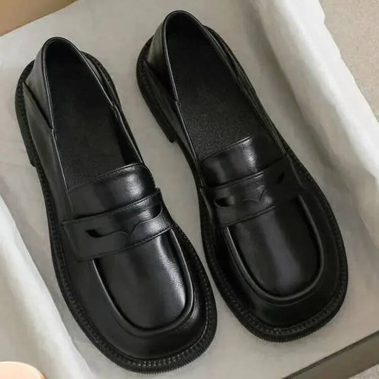 Black Leather Loafers Platform Slip on Shoes for Women 2024 Spring British Casual Flats Shoe Woman Low Heels 43 ddmydog