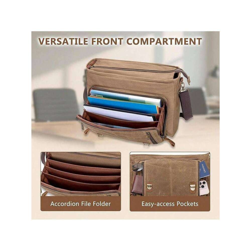 Mens Messenger Accordion File Folder, Leather Waxed Canvas Briefcase Fits 17 Inch Laptop, Crossbody Work Satchel Bag With Strap For School, Business, 