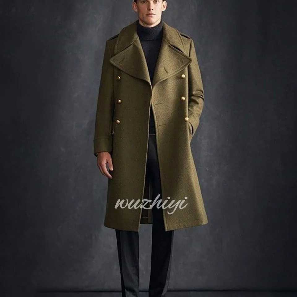 Vintage Man Trench Coat Long Mens Suit Jacket Woolen Blend Overcoat Outwear Groom Tuxedos Peaked Lapel Blazers Customized Z250918
