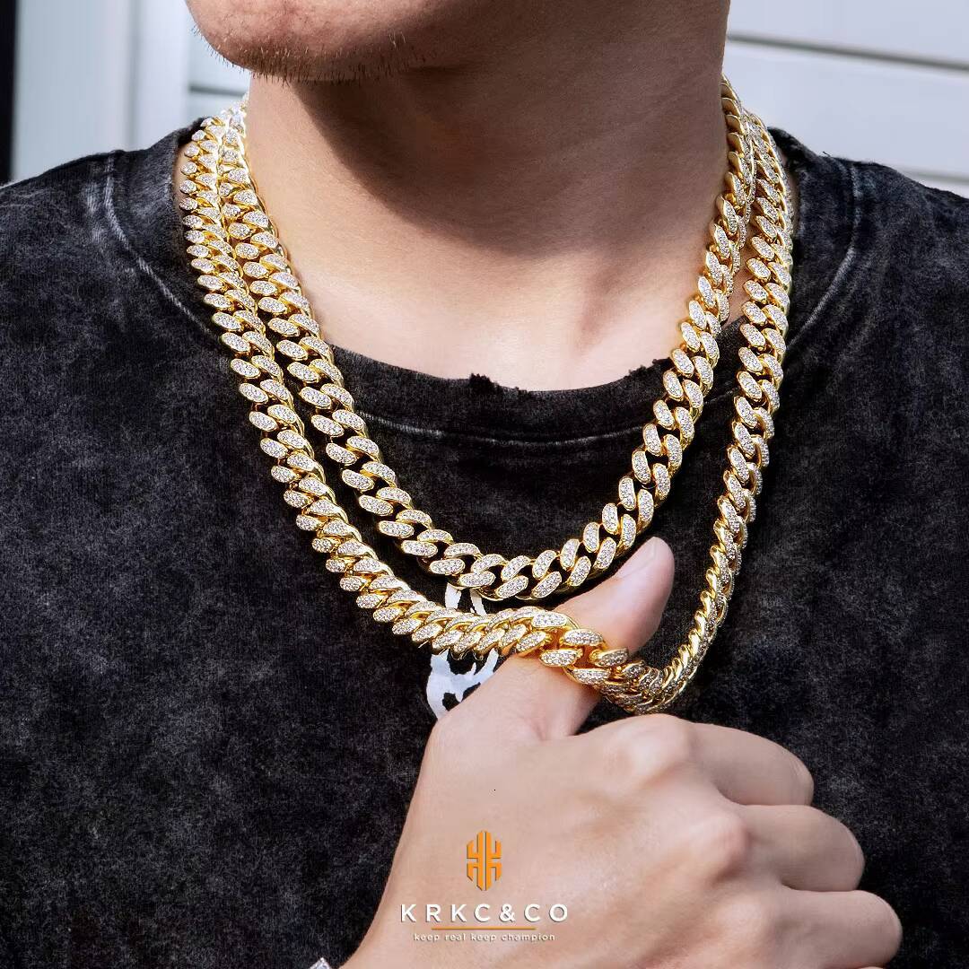 KRKC 12mm Hip Hop Men Iced Out Moissanite Chain Set White 14k Gold Cuban Bracelet Moissanite Diamond Real Cuban Link Chain Necklace