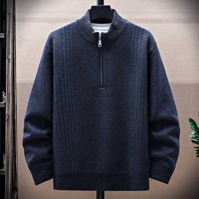 Autumn Winter Mens Fleece Knit Pullovers Fashion Half Zipper Stand Collar Warm Knitted Sweater Men Casual Pullover Sweaters ManZ250918