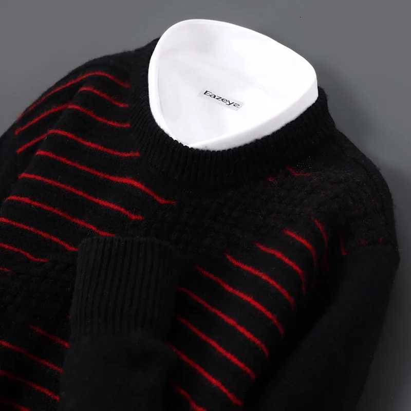 100 Merino Wool Sweater Mens Oneck Jacquard Stripe Pullover Autumn Winter Smart Casual Long Sleeve Jumper Cashmere Thick TopZ250918