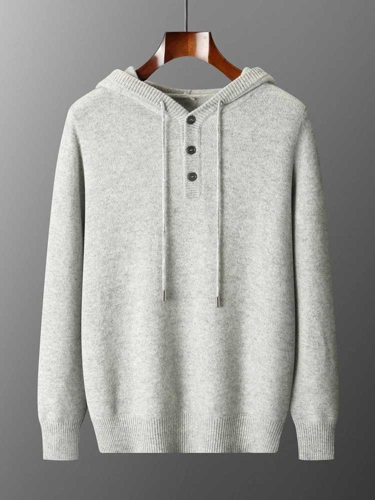 100 Merino Wool Sweater Men Hooded Pullover Autumn Winter 3 Buttons Classic Casual Knitwear Drawstring Solid Thick Clothing TopZ250918