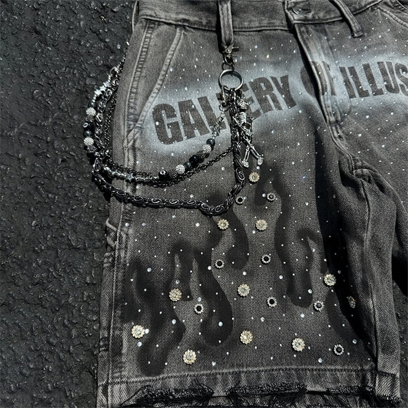 Y2K Fashion Distressed Jeans Retro Rhinestone Flame Pattern Printing Casual Washed Denim Shorts Men Women High Waist Streetwear 250917